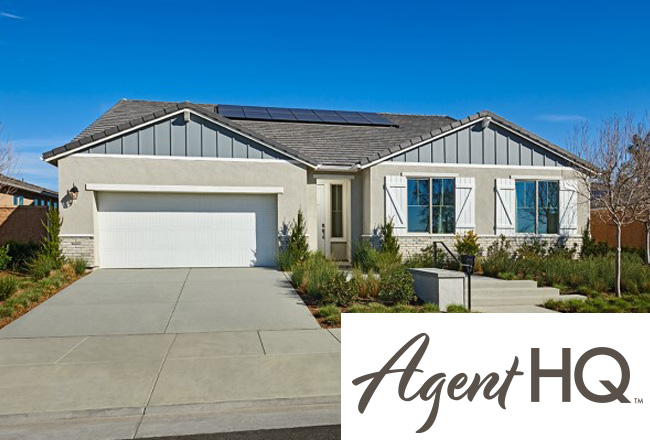House with three-car garage with yellow, orange, teal, and blue striped overlay and 'agent HQ' logo
