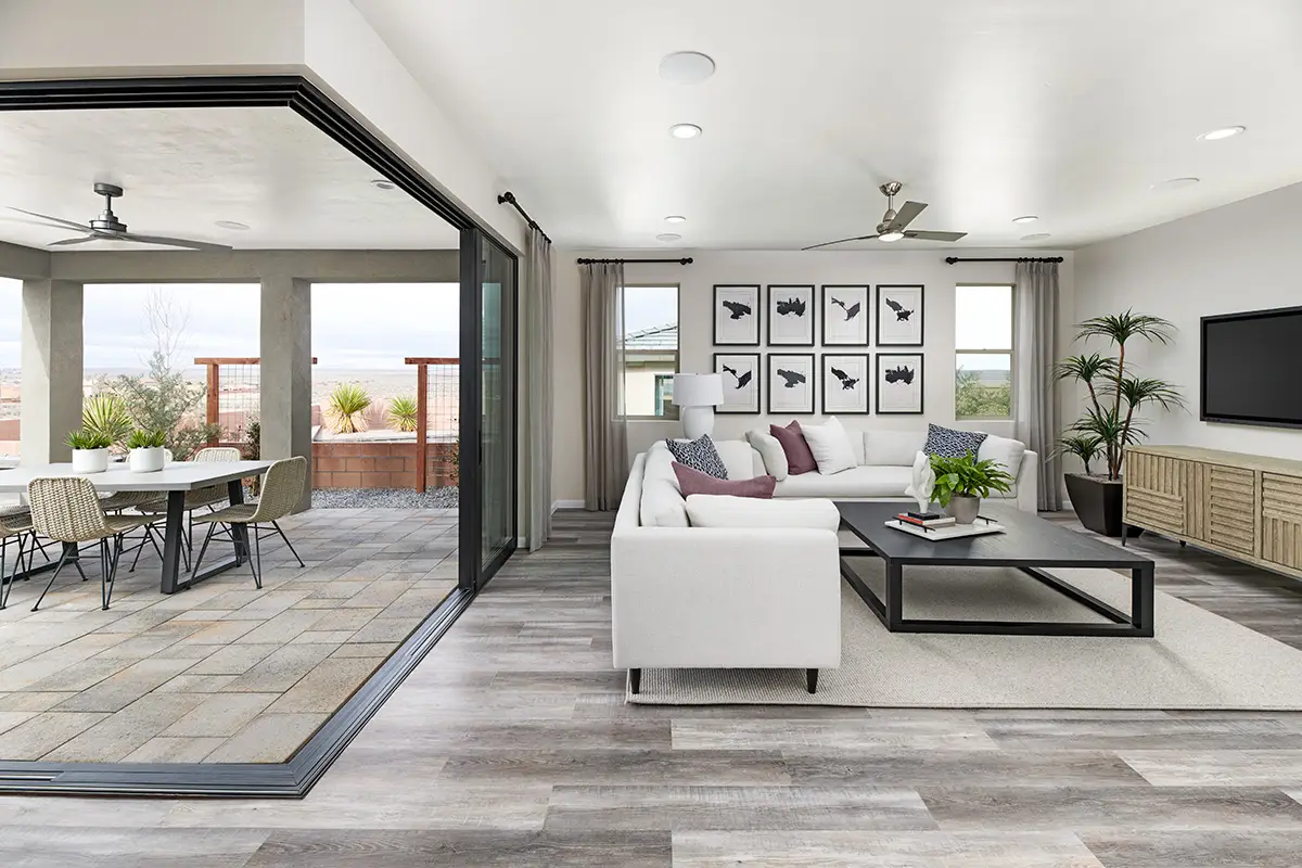 Dining room, great room and falimy room with sliding doors