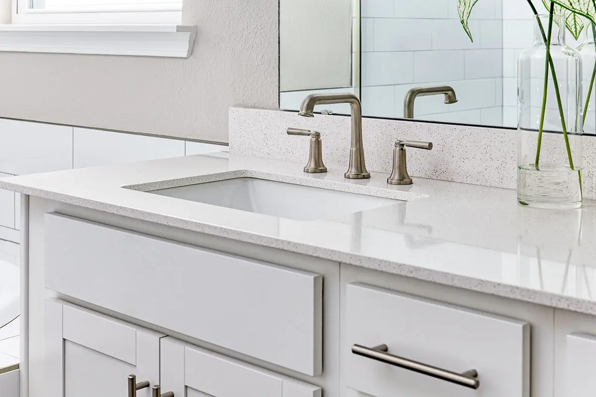 Silver two-handle bathroom faucet from Delta