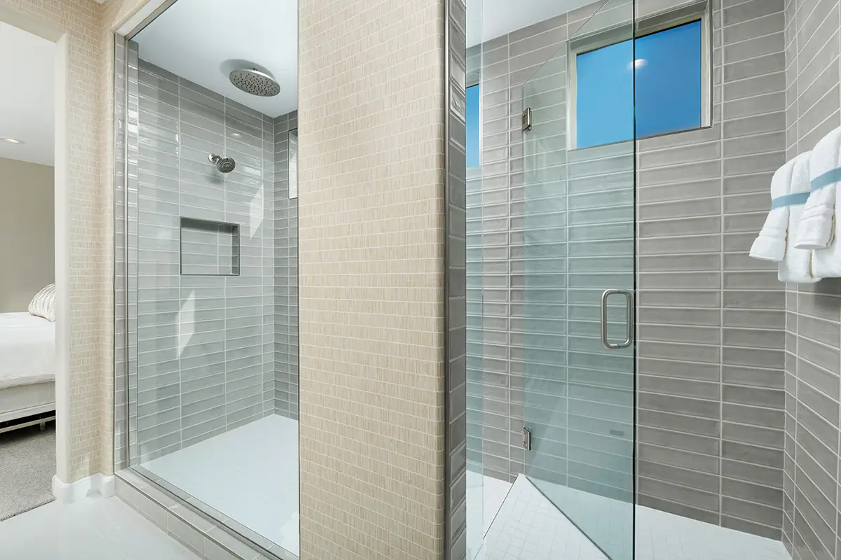 Walk-in shower with Esmer Tile and glass panels