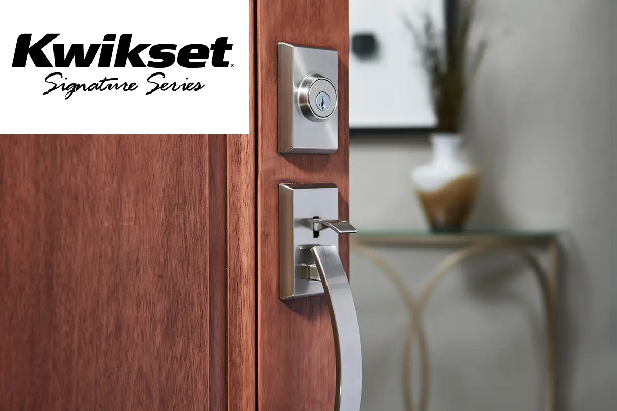 Detail shot of Kwikset lock with Kwikset logo